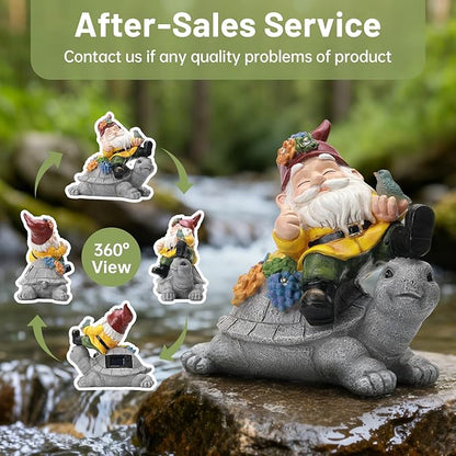 Solar Gnome Statue Outdoor Decor, Gnome on Turtle Figurines with LED Light for for Fairy Garden Yard Balcony Lawn Christmas Housewarming Whimsical Gifts for Women Mom Grandma