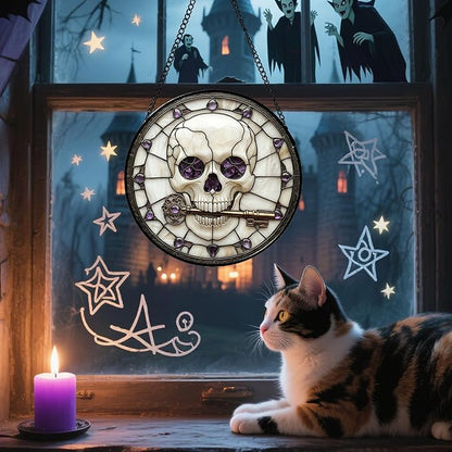 Stained Glass Window Hanging - Halloween Scary Skull Suncatcher for Doors Garden Home Spooky Purple Skeleton Key Sun Catchers Gothic Decor Horror Gifts for Women Men Friend Boy Girl 6.3 in
