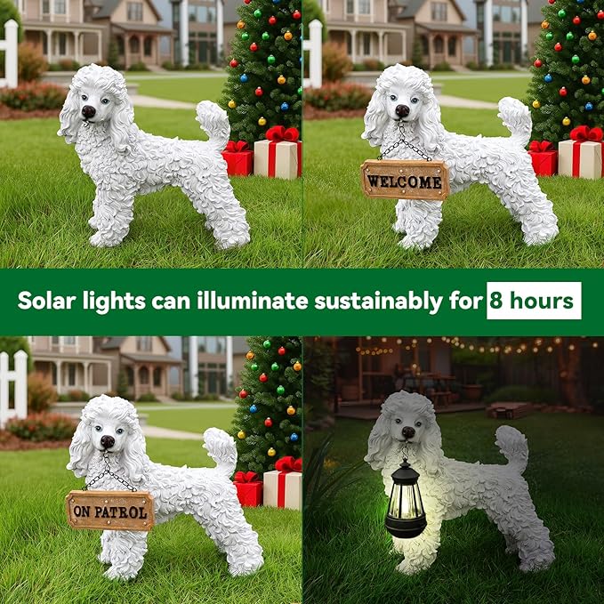 White Poodle Garden Statue with Solar Lantern & Double-Sided Welcome Sign, 14" Realistic Dog Sculpture, Waterproof Resin Poodle Figurine for Yard Lawn Patio Decor, Gift for Poodle Lovers