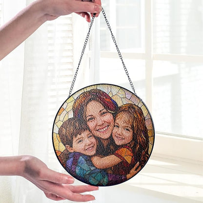 Personalized Stained Glass Window Hanging Ornament, Custom Family Photo with Mom and Kids, Unique Stained Glass Style Decoration, Birthday Present, Home Window Art Keepsake