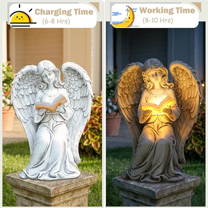 Angel Statue Outdoor Decor, Elegant Angel Garden Statues Reading Book with Solar LED Lights Yard Decorations Lawn Ornaments Figurines Resin Sculpture for Outside, Angel Gardening Gifts