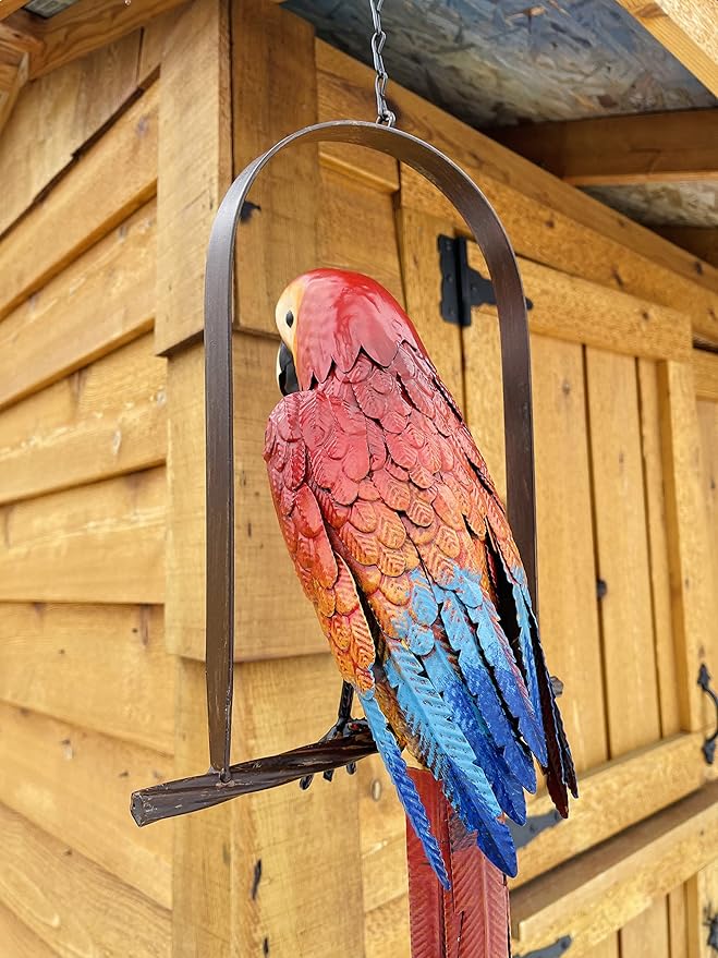 Hanging Whimsical Rustic Metal Swinging Macaw Parrot Tropical Bird On Chain Yard Garden Art, 10.75'' x 37''