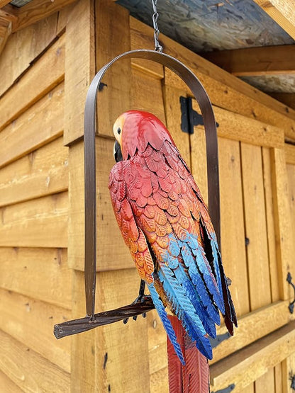 Hanging Whimsical Rustic Metal Swinging Macaw Parrot Tropical Bird On Chain Yard Garden Art, 10.75'' x 37''