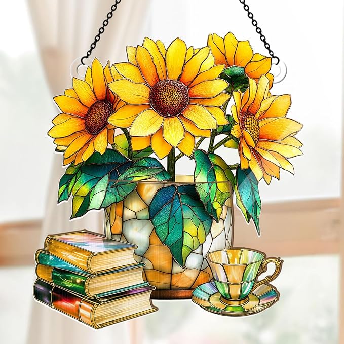 Jesuspirit - Window Hanging Suncatcher – Crystal Clear Acrylic & Wood Sun Catcher for Home Decor, for Women (Nostalgic Sunflowers, Books, and Tea, 6 Inches)