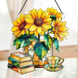 Jesuspirit - Window Hanging Suncatcher – Crystal Clear Acrylic & Wood Sun Catcher for Home Decor, for Women (Nostalgic Sunflowers, Books, and Tea, 6 Inches)