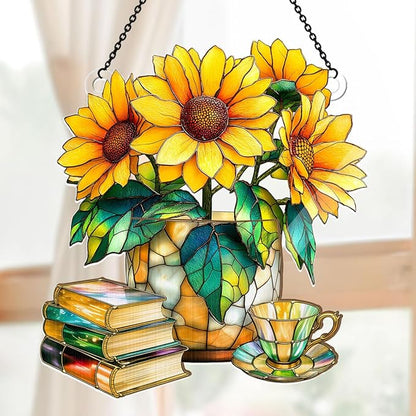 Jesuspirit - Window Hanging Suncatcher – Crystal Clear Acrylic & Wood Sun Catcher for Home Decor, for Women (Nostalgic Sunflowers, Books, and Tea, 6 Inches)