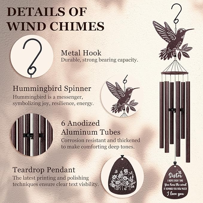 SteadStyle Sister Gift for Mother's Day, Unique Sister Birthday Gifts from Sisters Brothers, Valentine's Day Thanksgiving Christmas Large Size Sister Hummingbird Wind Chime 37 in Garden Patios Decor