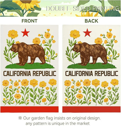 California Bear Flag Garden Flag with California Poppy Golden State Patriotic Republic Home Welcome Flags Front Porch Patio Decor Seasonal Flower CA Heavy Duty House Banner 12x18 Inch