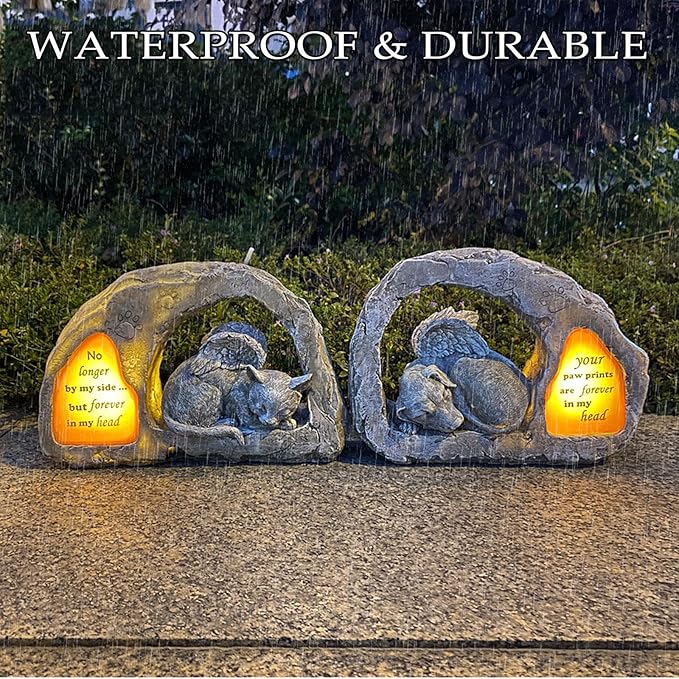 Banax Solar Powered Cat Angel Pet Memorial Tombstone Statue, Cat Angel Memorial Statue Commemorates Our Lost Fur Baby, Pet Tribute for Tombstone or Outdoor Backyard Garden