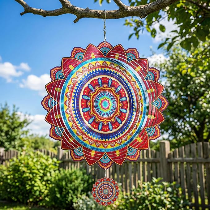 Mandala Wind Spinners Outdoor, 12In Stainless Steel Wind Spinners Outside, 3D Kinetic Hanging Sculpture, Rustproof Metal Garden Decor Ornaments for Yard Art, Women, Men, Holidays