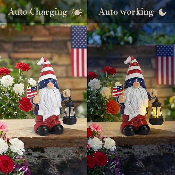 TERESA'S COLLECTIONS 4th of July Gnome Decorations with Solar Lantern, Memorial Day Decorations Resin Patriotic Garden Gnome Holding American Flag, USA 250th Anniversary Independence Day Gift 10"