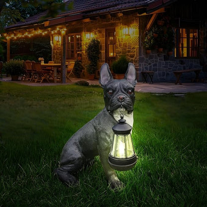 Black French Bulldog Garden Statue with Solar Lantern & Double-Sided Sign, 13.8" Resin Frenchie Dog Figurine Outdoor Decor, Waterproof Lawn Ornament Welcome Yard Art for Patio, Porch, Gifts