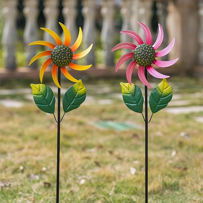 2 Pack Flower Wind Spinners Outdoor, Colorful Wind Sculptures & Spinners with Stake, Metal Windmill for Yard Patio Lawn Garden Decor, 31 x 8 Inches