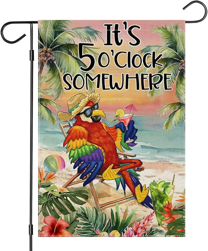 Summer Garden Flags for Outside, It's 5 O'clock Somewhere Beach Parrot Small Seasonal Decoration for Farmhouse Holiday Yard Outdoor Decor 12x18 Inch Double Sided