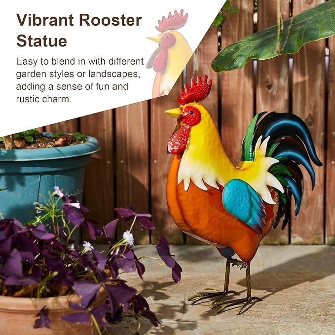 Glitzhome 21" Metal Vibrant Rooster Yard Decor, Outdoor Garden Statues, Vivid Chicken Sculptures for Backyard Kitchen Lawn Porch Farm Decor