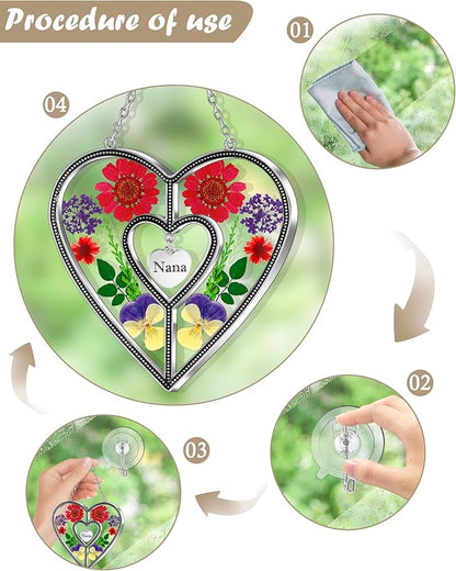 KY&BOSAM Nana Heart Suncatcher Stained Glass Panel Suncatchers for Windows Hangings Ornament Wind Chimes Pressed Flower Embedded in Glass and Heart Charm Birthday Gifts for Nana Mothers Day Home Decor