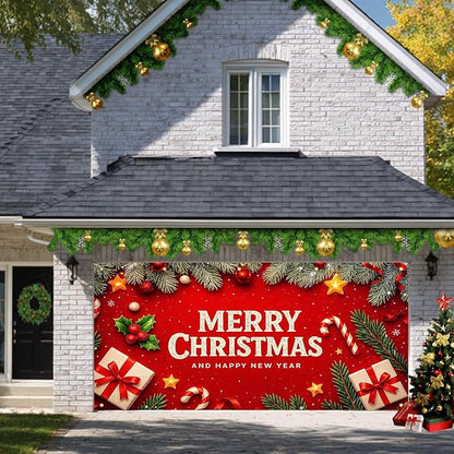 HOMETITUTE Christmas Door Banner 13x6ft Holiday Porch Decoration Red Background Merry Christmas And Happy New Year Pine Branches Ornaments Gifts Winter Seasonal Front Door Cover Wall Decor