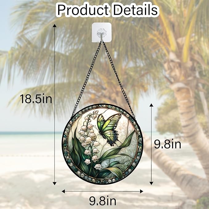 DASTOLL Stained Glass Window Hanging, Lily of the Valley Flower Butterfly Suncatcher for Doors Home Sun Catchers Decoration and Christmas, Mother's Day Birthday Gifts for Women, Men, Mom 9.8 in