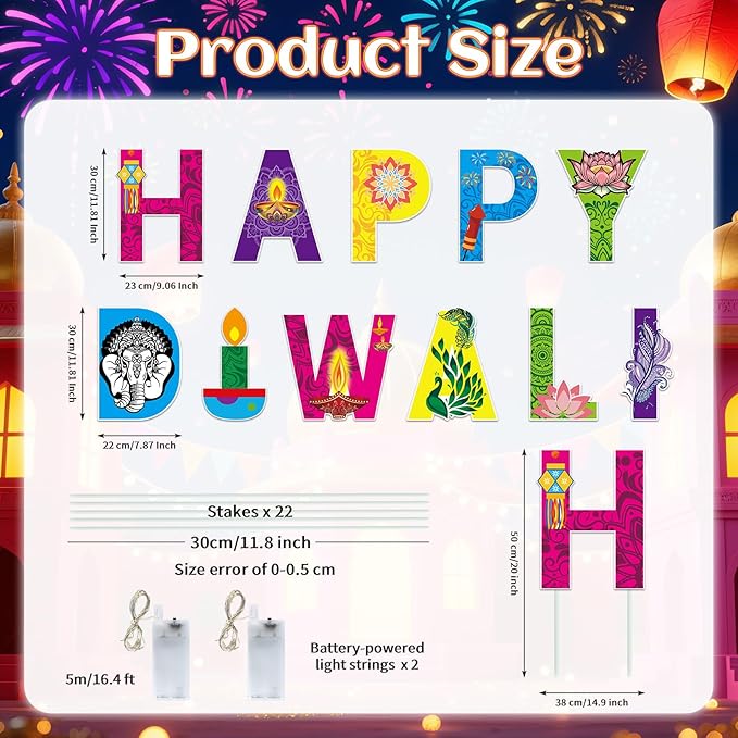 11 Pcs Happy Diwali Yard Stake Sign with LED String Lights Diwali Outdoor Decorations Festival of Indian Lights Party Stakes for Yard Lawn Decor Garden Pathway Decor Photo Booth Props