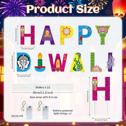 11 Pcs Happy Diwali Yard Stake Sign with LED String Lights Diwali Outdoor Decorations Festival of Indian Lights Party Stakes for Yard Lawn Decor Garden Pathway Decor Photo Booth Props