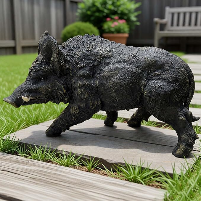 12.20" H x 21.26" L Large Wild Boar Statue for Garden, Outdoor Sculpture, Animal Decor for Yard Porch Entryway Patio Living Room, Resin (Large, Wild Boar)
