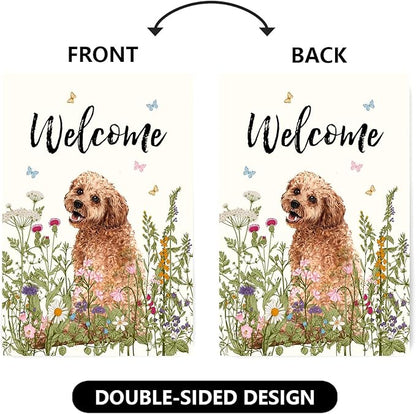 Floral Golden Doodle Garden Flag Spring Summer House Flags 28 x 40 Double Sided Flower Dog Yard Flags for Outside Large Outdoor Welcome Flags