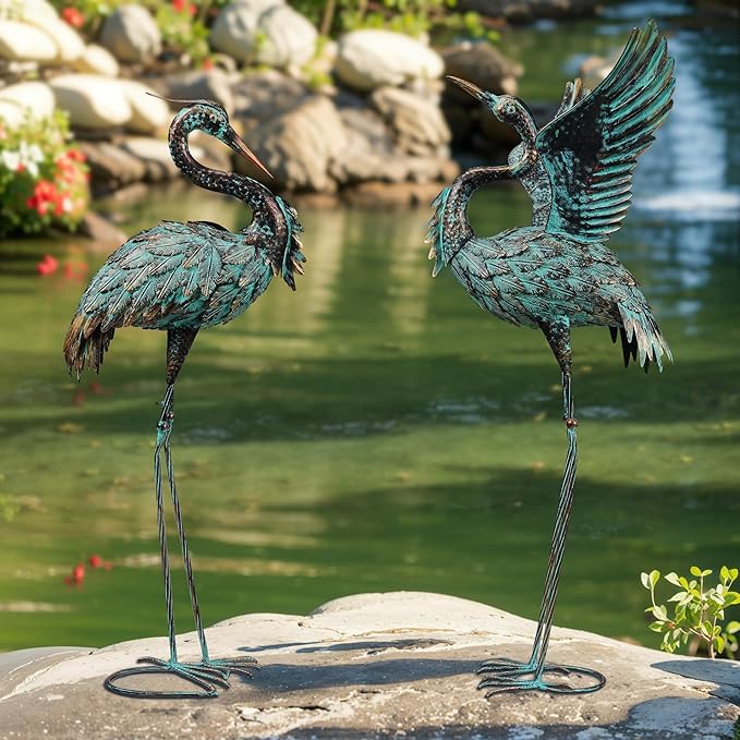 Garden Statues Large Metal Crane Sculptures, Outdoor Heron Metal Statue Yard Art for Garden Decor, Realistic Bird Art for Outdoor Decor, Standing Lifelike, Water&Rust-Proof, Set of 2 Bronze