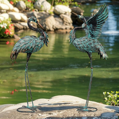 Garden Statues Large Metal Crane Sculptures, Outdoor Heron Metal Statue Yard Art for Garden Decor, Realistic Bird Art for Outdoor Decor, Standing Lifelike, Water&Rust-Proof, Set of 2 Bronze