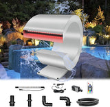 LONGRUN J-Shaped Waterfall Spillway Stainless Steel Swimming Pool Fountain with Color Changing LED Light, Outdoor Pond Waterfalls Kit for Garden Patio Swimming Pool Koi Ponds Decoration -13.6" Height