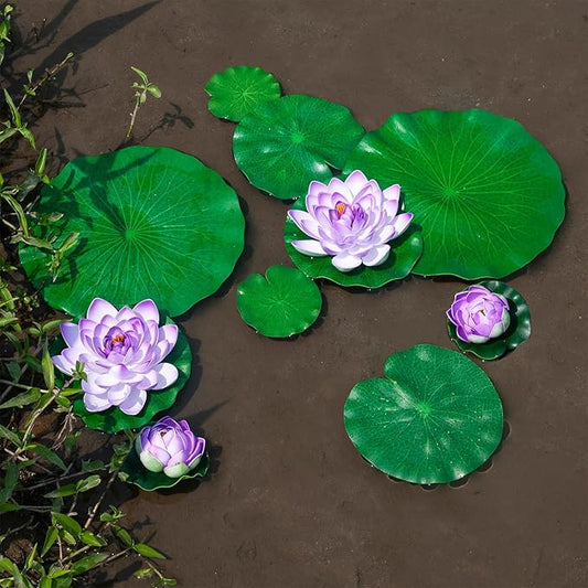 Fake Lily Pads, 10 PCS Artificial Lotus with Water Lily Pad, Realistic Water Floating Foam Lotuses Pads, Purple Artificial Floating Lotus Decor with Pad for Home Outdoor Ponds