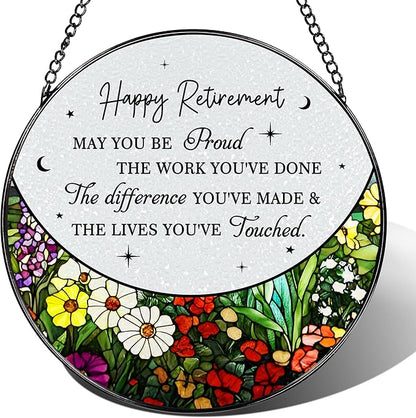 8” Stained Glass Suncatcher Ornament – Floral Retirement Window Hanging Decorations, Retirement Gifts & Retired Gifts for Women, Men, Friends, Coworkers, Teachers - Style A