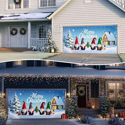 IVN Christmas Garage Door Cover Decoration 13x6ft Gnomes with Snowy Cottage and Pine Trees Merry Christmas Garage Door Banner Home Door Front Yard Decor for Xmas Eve Holiday Outdoor