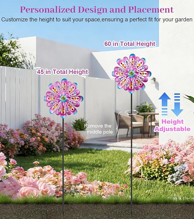 Wind Spinners Outdoor for Yard and Garden, W13xH63 Purple Kinetic Metal Art Wind Sculptures & Spinners, Outdoor Patio Lawn Garden Decor, Gardening Gifts for Women