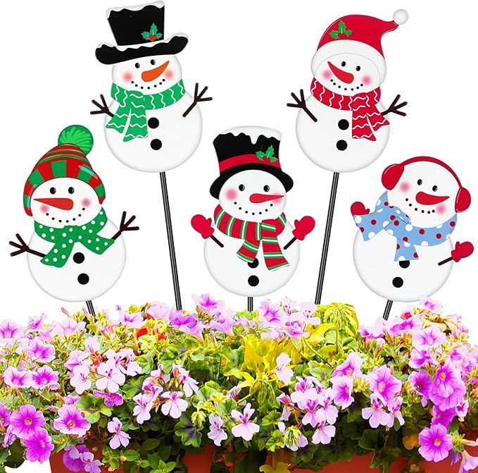 Roowest 5 Pack 12'' H Metal Winter Yard Stakes Outdoor Decorations Snowman Garden Signs Christmas Potted Plant Stakes for Holiday Winter Home Lawn Garden Porch Walkway Party Decor