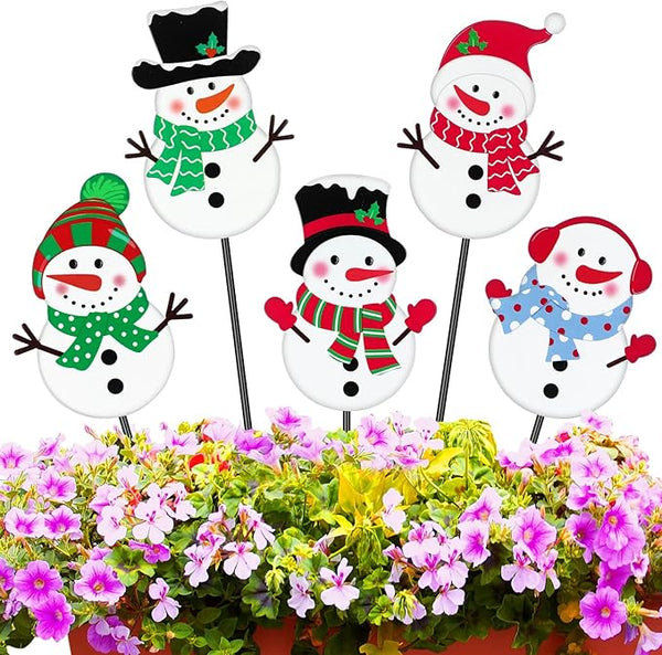 Roowest 5 Pack 12'' H Metal Winter Yard Stakes Outdoor Decorations Snowman Garden Signs Christmas Potted Plant Stakes for Holiday Winter Home Lawn Garden Porch Walkway Party Decor
