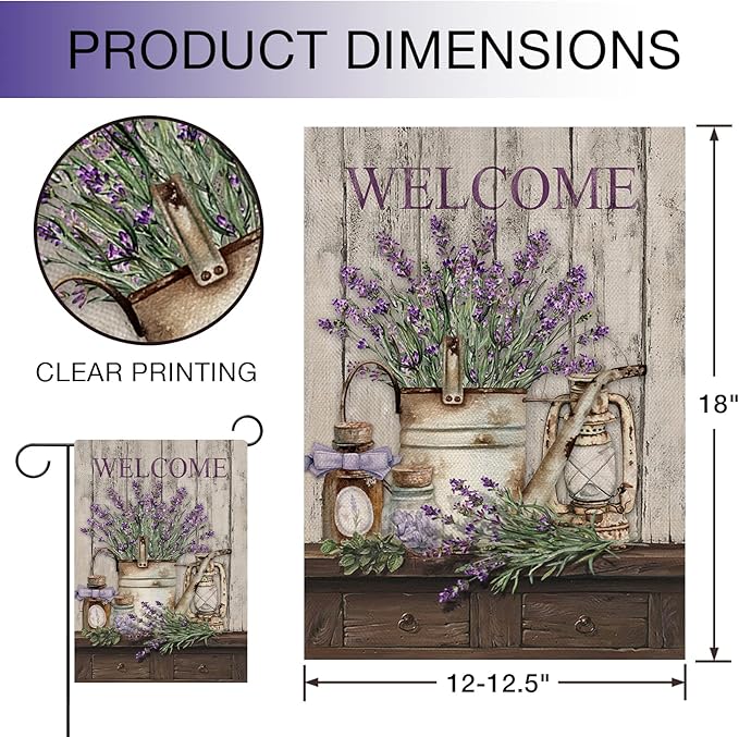 Hzppyz Welcome Spring Summer Garden Flag Lavender Flower Bucket, Decorative House Yard Lawn Outdoor Small Burlap Flag Lantern Decor, Vintage Farmhouse Seasonal Outside Decorations Double Sided 12 x 18
