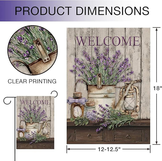 Hzppyz Welcome Spring Summer Garden Flag Lavender Flower Bucket, Decorative House Yard Lawn Outdoor Small Burlap Flag Lantern Decor, Vintage Farmhouse Seasonal Outside Decorations Double Sided 12 x 18