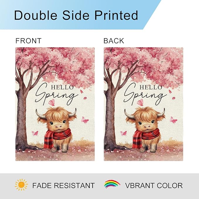 DLZDN Hello Spring Highland Cow Garden Flag Cherry Blossom Floral Butterfly Flag 12×18 Inch Double Side Vertical Burlap Farmhouse Yard Flag Seasonal Outdoor House Decoration