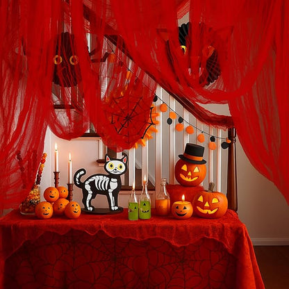 RunNico 400'' x 85'' Halloween Blood Red Scary Gauze, Bloody Haunted House Creepy Cloth, Spooky Fabric Hanging Decoration for Horror Themed Nightmare Party Wall Yard Doorway Porch Decor