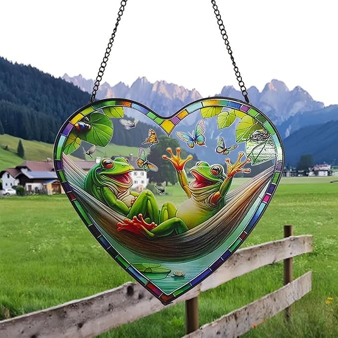 Stained Glass Window Hanging, Frogs on a Swing Sun Catcher for Indoor Outdoor Decor, Funny Frogs Theme Heart Shape Ornament Birthday Gift for Women, Men