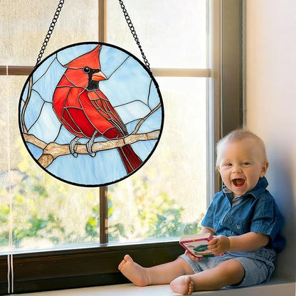 Stained Glass Window Hanging Cardinal Birds Large 11.8" - Suncatcher Door Garden Sun Catcher Home Decor Christmas Birthday for Bird Lovers Woman Her Nana Wife Men Mom