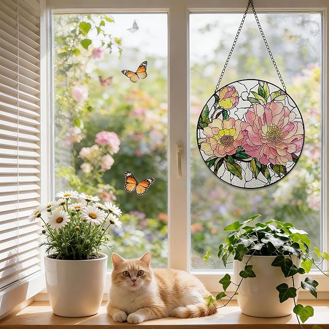 Stained Glass Window Hanging, 8 Inch Peony Suncatcher, Floral Sun Catchers Indoor Window, Pink Flower Suncatchers for Windows Spring Home Garden Decor Panel, Mothers Day Birthday Gifts for Mom Grandma