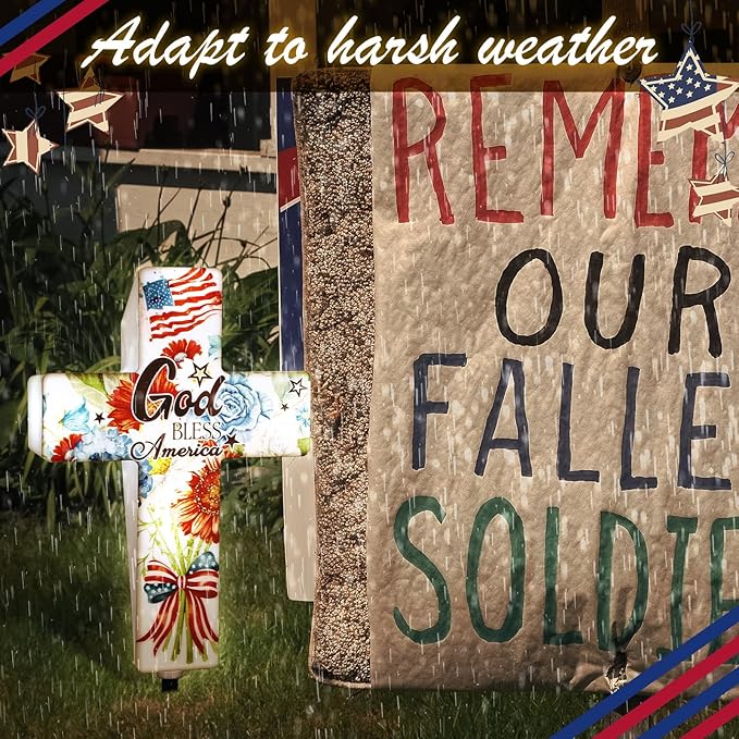 DoubleFill 4th of July Solar Lighted Cross 250 Patriotic Floral Garden Stake Decor 250th Red White and Blue Independence Day Solar Cross God Bless America Yard Decor for Memorial Veterans USA Outdoor