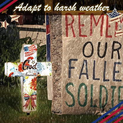 DoubleFill 4th of July Solar Lighted Cross 250 Patriotic Floral Garden Stake Decor 250th Red White and Blue Independence Day Solar Cross God Bless America Yard Decor for Memorial Veterans USA Outdoor