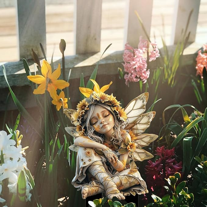 Flower Fairy Garden Stake Decor, 2D Flat Acrylic Elf Garden Sign with Stake, Fairy with Magic Sign for Indoor Outdoor Yard Lawn Balcony Pot Plants (Sunflower Fairy)