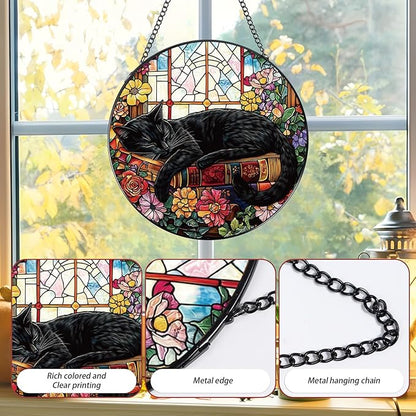 Rngmsi Stained Glass Window Hanging, 7.8″ Cat and Flower Sun Catchers with Hook Indoor Window Decor, Decorative Suncatchers Hanging Ornaments Home Garden Art Gift for Housewarming