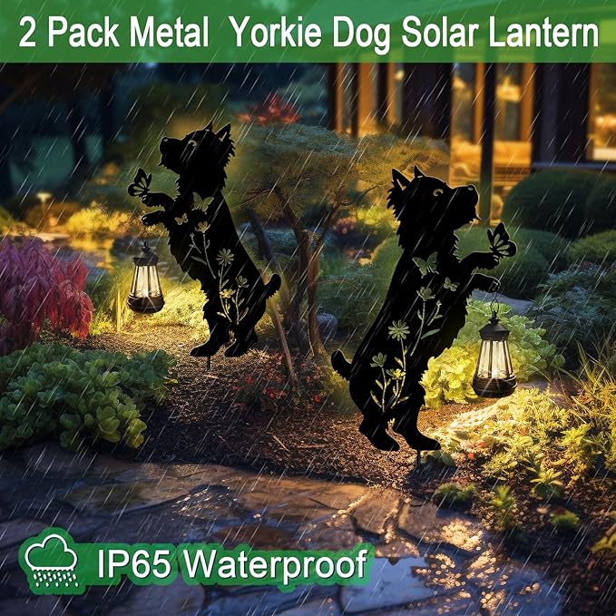 Solar Lights Outdoor Pathway,2 Pack Metal Yorkie Decor with Solar Lantern Garden Stakes,Outside Decorations for Yard,Lawn,Patio,Perfect Dog Gifts for Women