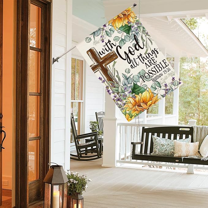 AVOIN colorlife Sunflower Spring Summer House Flag 28x40 Inch Double Sided Outside, With God All Things Are Possible Floral Yard Outdoor Decoration
