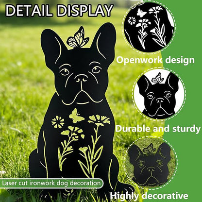 French Bulldog Decorative Garden Stakes Gifts Lager Size, 3PCS Metal Dog Play with Butterflies Garden Statues Decor for Outside for Yard, Patio, Lawn Decorations, Outdoor Decor Yard Art