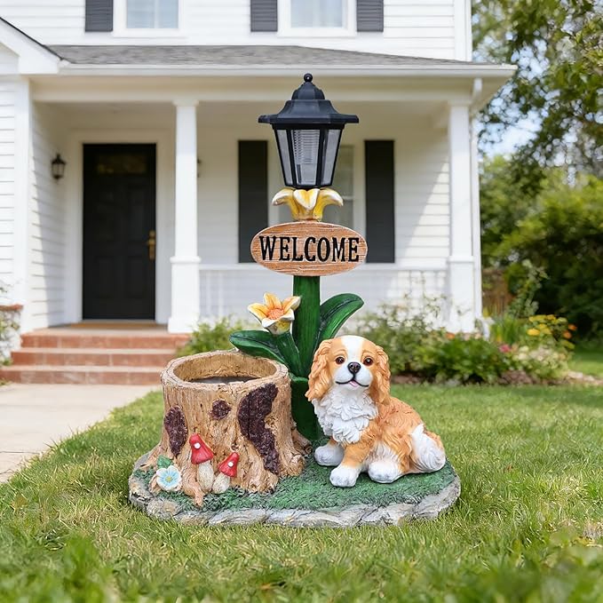 Solar Garden Statue with Planter & Solar Lantern, Outdoor Resin Animal Sculpture, Waterproof Yard Lawn Decor Pot for Succulents, Front Porch Ornament Housewarming Gift (King Charles Spaniel)